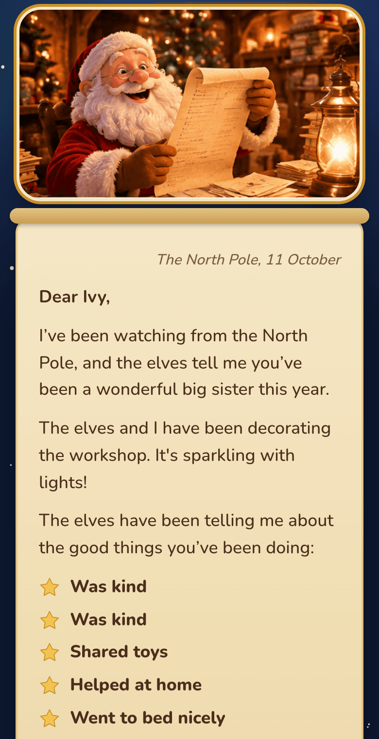 A letter from Father Christmas unrolled on parchment