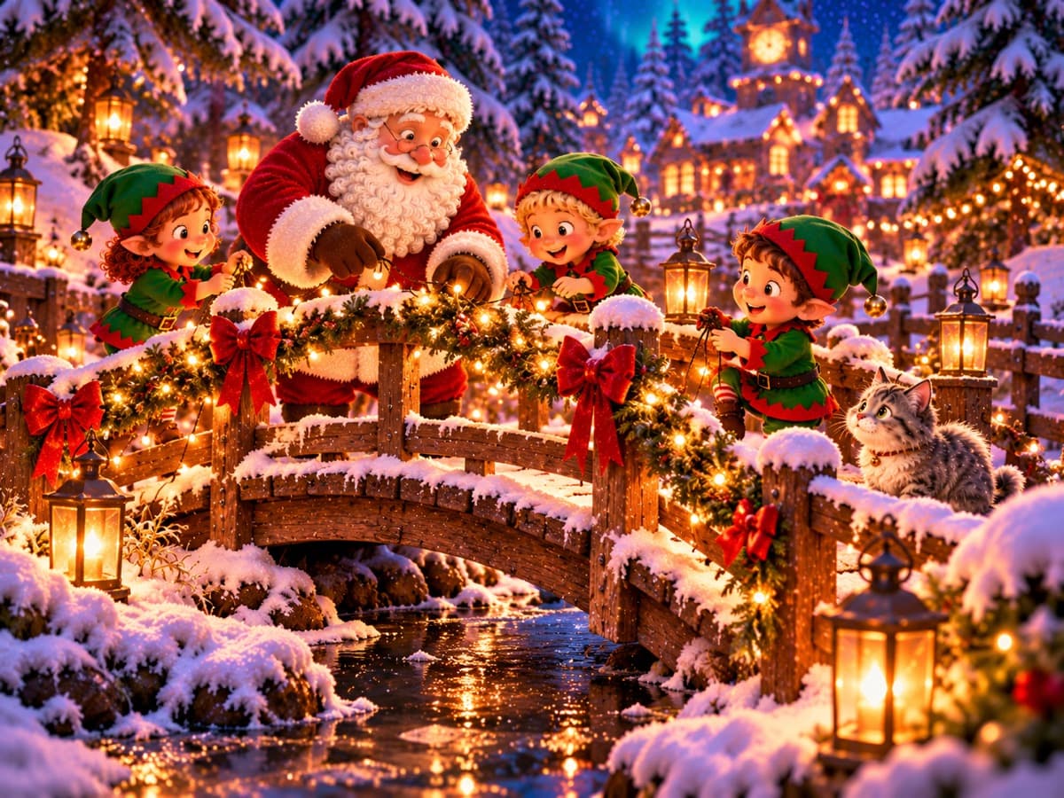 A small arched wooden bridge over a frozen stream, outlined in glowing lights, Father Christmas halfway across beckoning to a hesitant line of reindeer, elves on the bank.